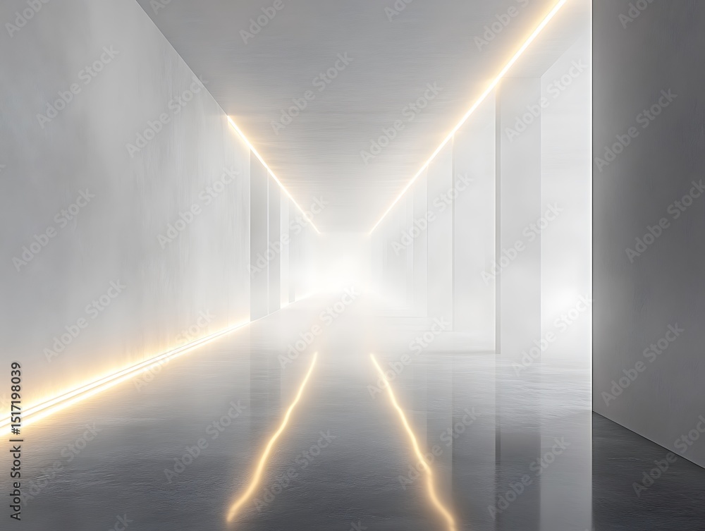 Poster mystical journey through an illuminated hallway with ethereal glow and sleek lines