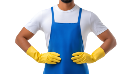 Man in blue apron with yellow gloves isolated on white background