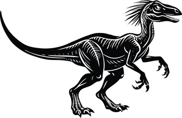 Aggressive Velociraptor Dinosaur Vector, Black and White Prehistoric Silhouette Illustration