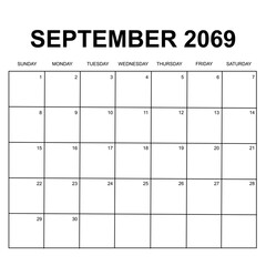 september 2069. monthly calendar design. week starts on Sunday. printable, editable, simple, and clean vector design isolated on white background.
