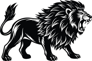 Aggressive Roaring Lion Vector, Fierce Wild Animal Silhouette Art