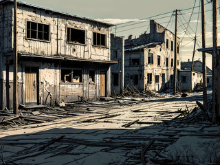 ruined abandoned buildings in war zone or depression