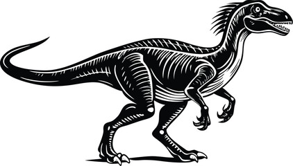Black and White Dinosaur Vector Illustration, Fierce Prehistoric Raptor Silhouette Art