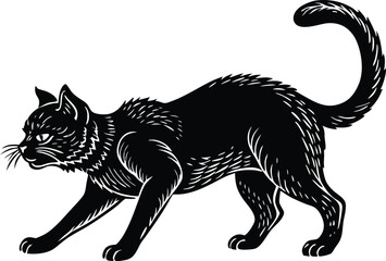Aggressive Black Cat Silhouette Vector, Hissing Scared Feline Illustration