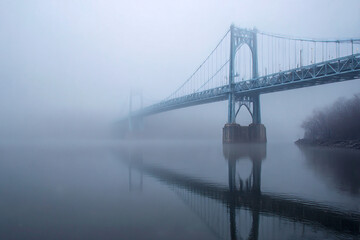 A foggy day over the water with a bridge and its reflection in the water creating a moody scene