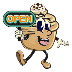 Cute cruffin cartoon mascot vector showing a sign that says open, funny dessert character illustration isolated, work of hand drawn
