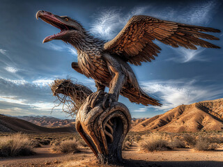 prehistoric dinosaur raptor bird on stump  screeching