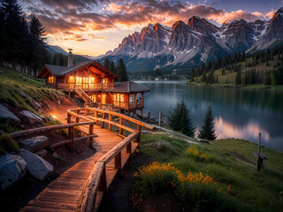 wooden walkway to log cabin home overlooking mountain lake at twilight