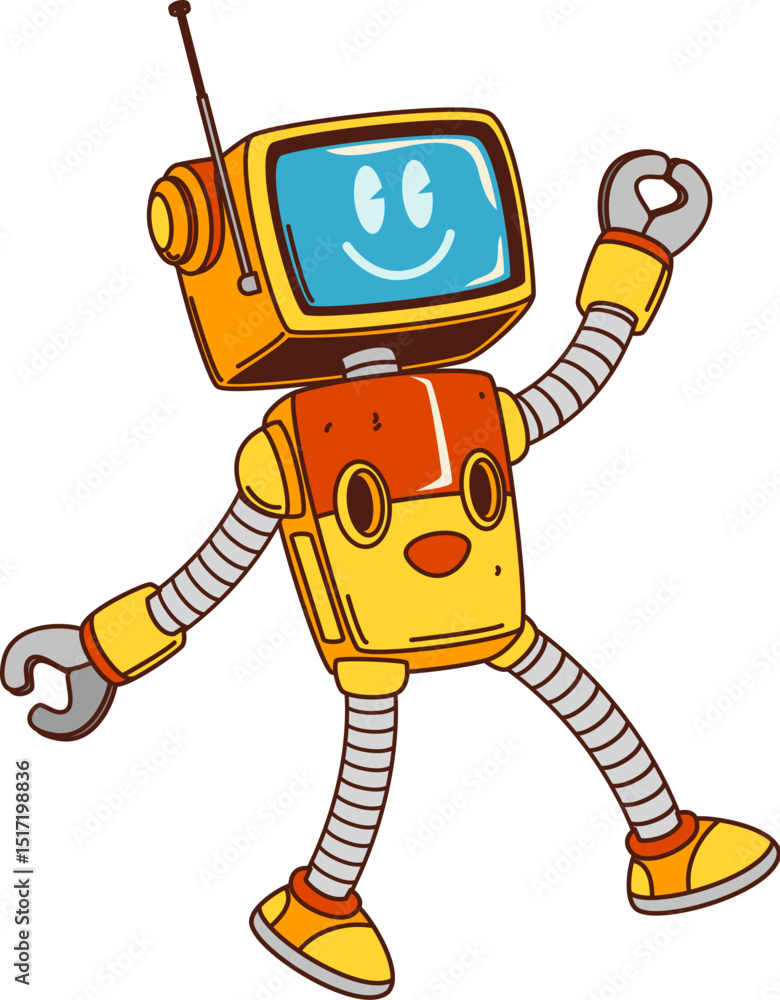 Poster cartoon groovy robot character with yellow boxy body, antenna and flexible arms. vector smiling droi