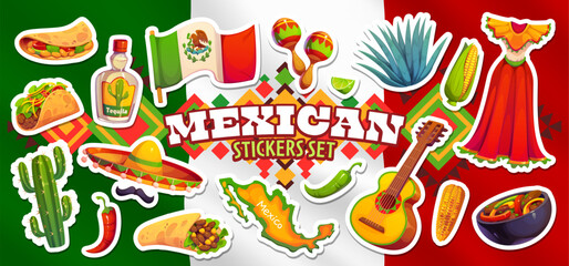 Mexican cuisine food and holiday items stickers pack at Mexico flag vector background. Mexican party guitar, cactus, taco and tequila, sombrero, maracas, pepper and burrito with Mexico map stickers