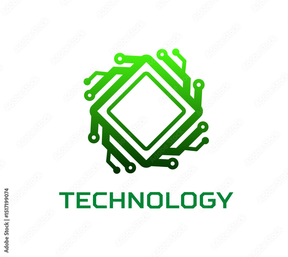 Leinwandbilder Computer chip icon for AI technology and artificial intelligence digital tech, vector computer chipset. Green computer chip icon for internet technology, AI chatbot application and digital company