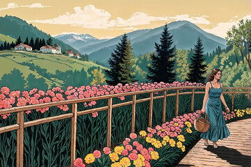 illustration of woman gardening in flower filled yard with stunning view of forest and mountains