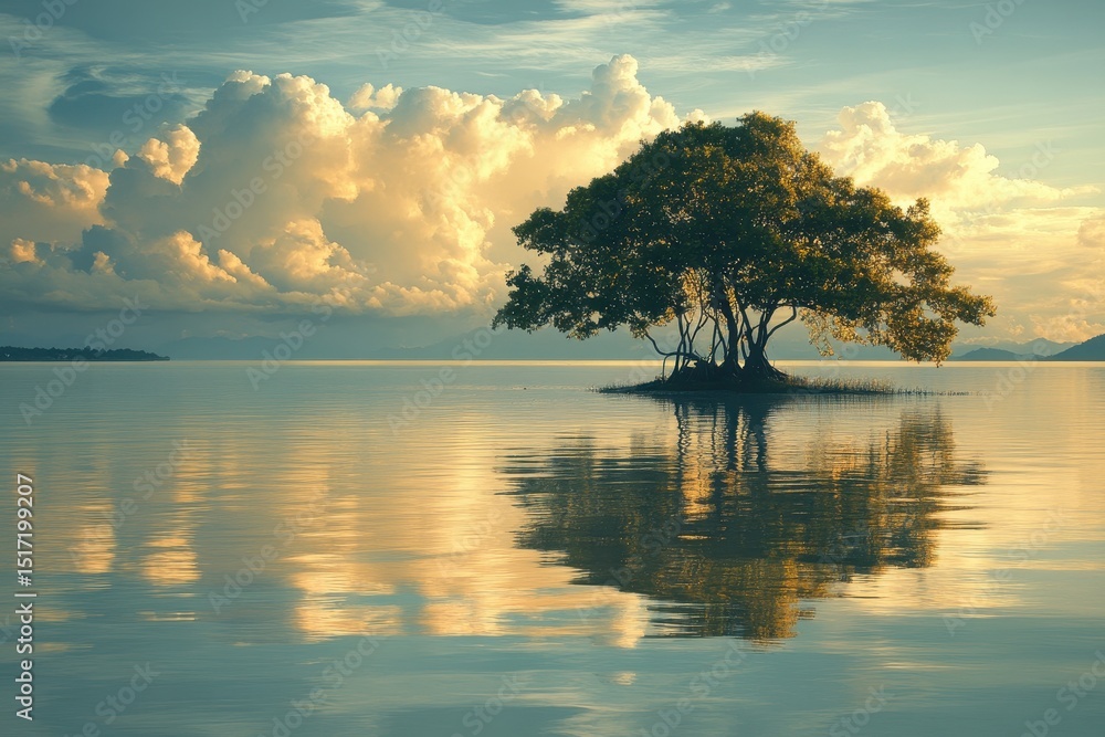 Poster clear turquoise waters reflect the vibrant blue sky and fluffy clouds on a serene tropical beach wit