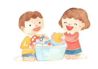 水彩風　おもちゃを片付ける子どものイラスト　保育・知育素材