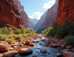Fototapete Rund Canyon landscape with river. Red rock canyon scenery, water flow, green trees. Remote nature, travel destination. Calm scenic place, outdoor adventure. Majestic untouched wilderness. Canyon valley. © Vadym