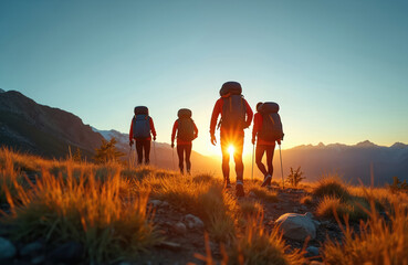 Group of hikers with backpacks walking on trail in mountains at sunset. Silhouette of people enjoying mountain trekking, active lifestyle, outdoor recreation. Friends travel together. Concept