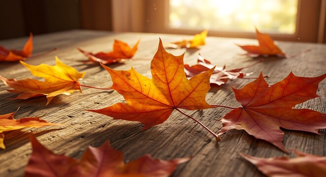 Autumn's Embrace Golden Maple Leaves on Rustic Wood, Warm Sunlight
