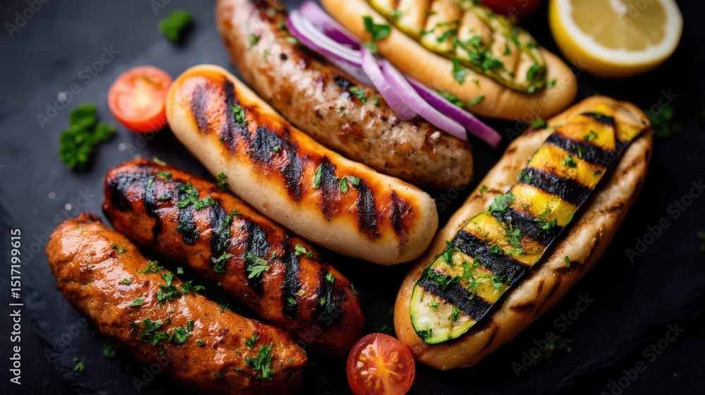Poster an appetizing array of grilled sausages featuring diverse flavors and textures arranged on a dark sl