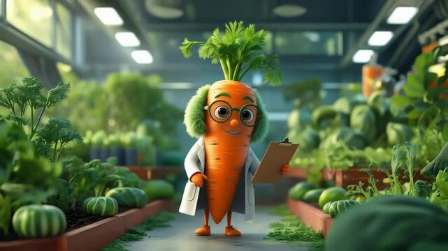 Charming 3D animated cartoon carrot character, styled as a friendly scientist or professor. Wearing a white lab coat and glasses, and holding a clipboard, this adorable vegetable mascot stands in the 