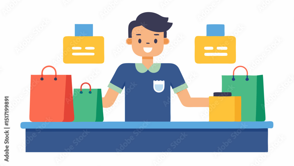 Poster checking out a satisfied customer at the checkout counter with a few shopping bags while colorful sa
