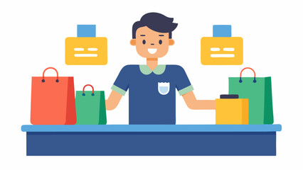 Checking Out A satisfied customer at the checkout counter with a few shopping bags while colorful sale signs are visible around the store.