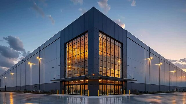 Modern industrial warehouse at twilight