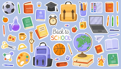 Back to school collection, stickers, cute illustrations on blue background. Set of school supplies. Globe, backpack, books, watches, notebooks, pencils, laptop. © sorninai