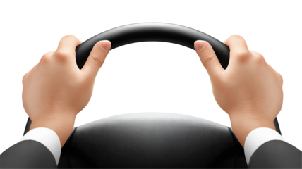 Hands holding steering wheel isolated on white background
