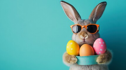 Cool bunny rabbit wearing sunglasses holds pastel Easter eggs in a bowl against a teal background.