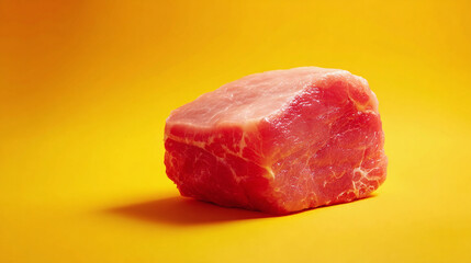 Raw chunk of pork meat on solid yellow background, bold minimal food composition for butcher product or protein-based culinary concept