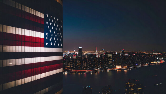 Skyscraper windows covered with American flag at nigh. Independence Day concept. Generated Image