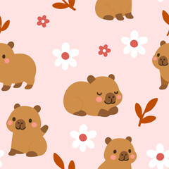 Naklejka premium Cute cartoon capybaras seamless pattern with flowers and leaves on pink background.