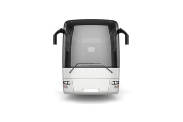 Frontal view of a white bus with black trim and windshield wipers on a plain white background space