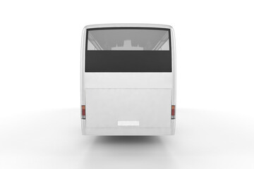 Rear view of a white bus with a large window and black panel on a plain white background studio shot