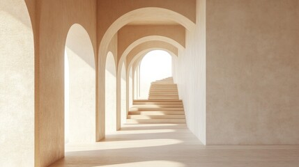 Fototapeta premium Beige arched hallway with steps leading to light