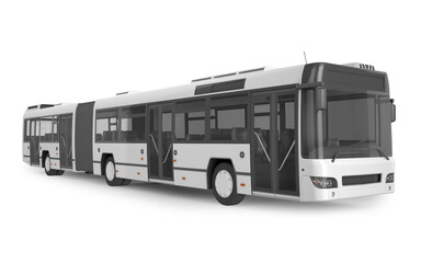 A long white articulated bus with open doors on a plain white background in a studio setting view