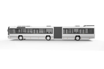 A long white articulated bus shown in a side view on a plain white background in a studio setting