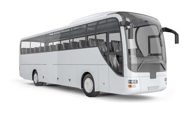 A white bus with tinted windows and gray seats is shown in a studio shot on a white background