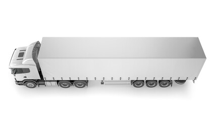 Aerial view of a white semi truck with a long trailer on a white background in a studio setting