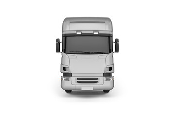 A front view of a large gray truck on a white background showing the windshield and headlights