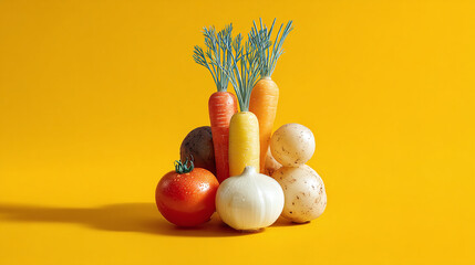 Colorful vegetables assortment on vibrant yellow background, fresh natural produce layout for healthy eating or organic farming concept
