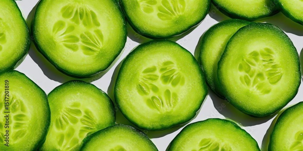 Poster freshly sliced cucumbers showcasing intricate patterns and vibrant green color enhancing culinary pr