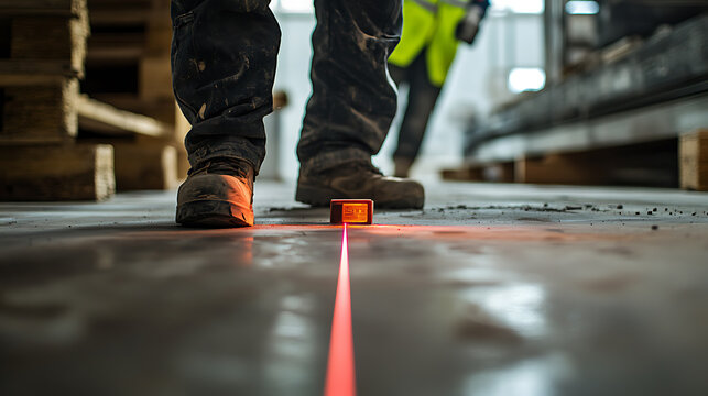 Worker using a laser level on a construction site floor