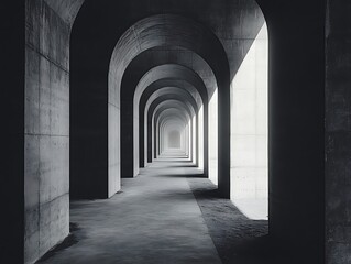 Obraz premium Monochromatic perspective featuring a rhythmic array of concrete arches and columns