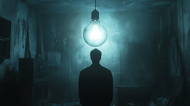 Shadowed figure under glowing bulb, contemplating darkness and enlightenment