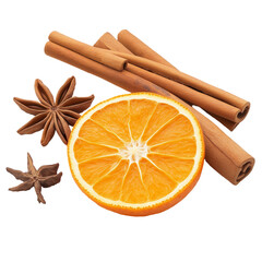 Cinnamon sticks, star anise and orange slice isolated on white background