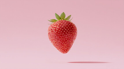 Floating red strawberry on pastel pink background, minimal fruit concept for freshness, summer or healthy eating design layout
