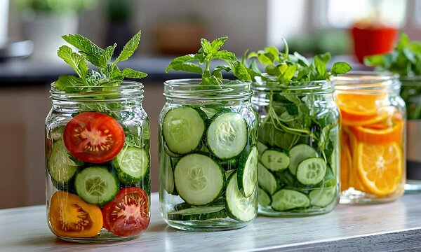 Assorted Fruit and Vegetable Infused Waters Displayed in Mason Jars with Natural Lighting