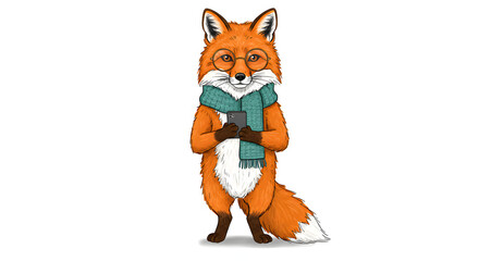 Obraz premium A fashionable cartoon fox standing upright, wearing round glasses, a cozy scarf, and holding a smartphone.