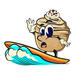 Cute cruffin cartoon mascot vector surfing riding the waves, funny dessert character illustration isolated, work of hand drawn